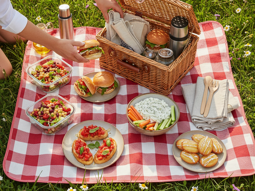 Hands unpacking a picnic basket with Mediterranean dishes including bean salad, feta dip, chicken sliders, and madeleines onto a checkered blanket.