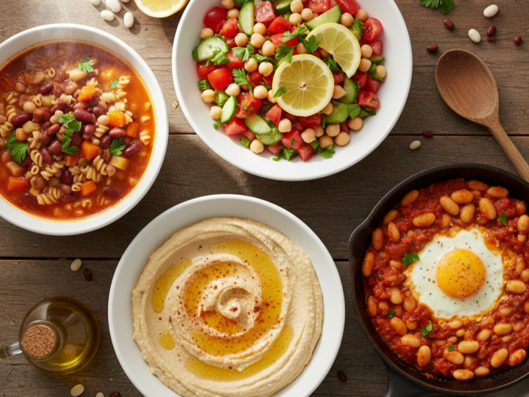 A colorful spread of easy bean recipes including chickpea salad, soup, hummus, and shakshuka, showing the versatility of healthy canned beans.