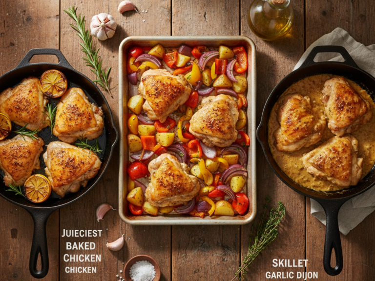Three easy chicken thigh dinners in skillets and a sheet pan: baked chicken with lemon, Greek chicken with veggies, and Dijon chicken in sauce.