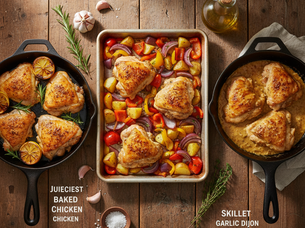 Three easy chicken thigh dinners in skillets and a sheet pan: baked chicken with lemon, Greek chicken with veggies, and Dijon chicken in sauce.
