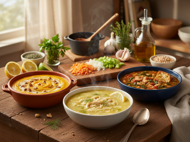Three comforting homemade soups arranged on a rustic kitchen counter: Greek lemon chicken soup (avgolemono) with dill, creamy roasted butternut squash soup with tahini and hazelnuts, and Tuscan white bean soup (ribollita) with crusty bread, surrounded by fresh vegetables, herbs, and cooking ingredients