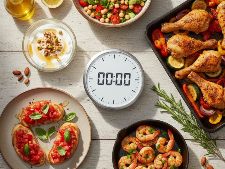 Overhead view of a 30-minute kitchen timer surrounded by quick Mediterranean dishes like sheet pan chicken, shrimp sauté, chickpea salad, bruschetta, and yogurt with walnuts on a wooden table.
