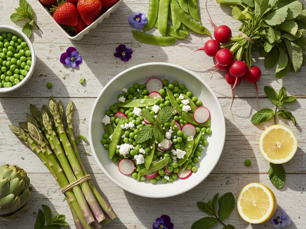 A sunny collection of fresh spring ingredients like asparagus, strawberries, peas, and radishes next to a bowl of pea and feta salad, celebrating seasonal recipes.