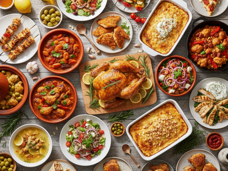 Overhead view of a spread of Mediterranean chicken and sides including grilled lemon herb chicken, tzatziki sauce, olives, feta cheese, and fresh herbs on a wooden table.