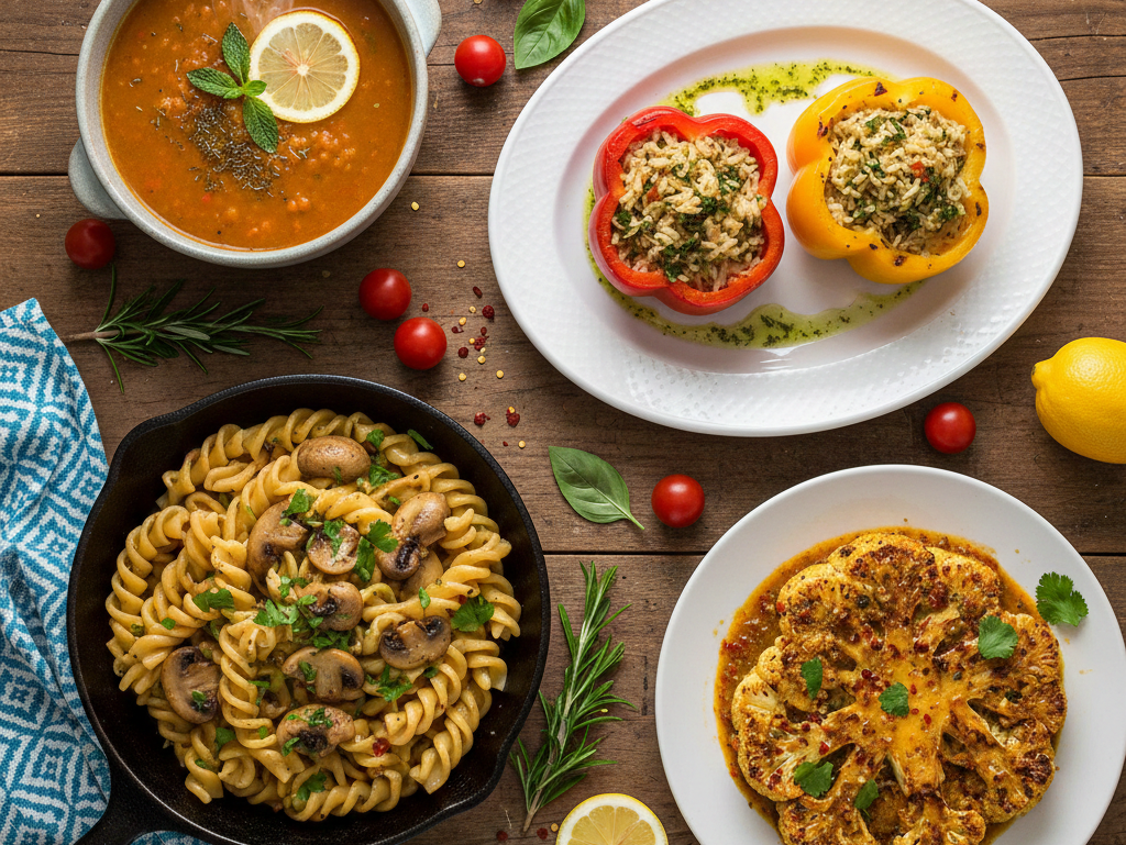 Overhead view of a colorful spread of Mediterranean vegetarian dishes including lentil soup, stuffed peppers, pasta, and roasted cauliflower on a rustic table