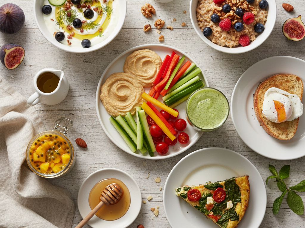 A colorful overhead spread of many easy Mediterranean breakfast ideas including yogurt bowls, oatmeal, a breakfast board, eggs, smoothies, and chia pudding, showing variety and health.