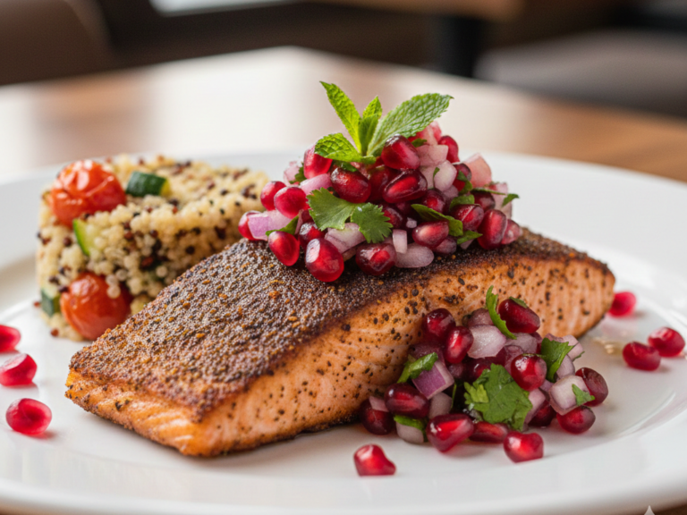 A close-up of blackened salmon fillet with a crispy spice crust, topped with vibrant pomegranate salsa and fresh mint.