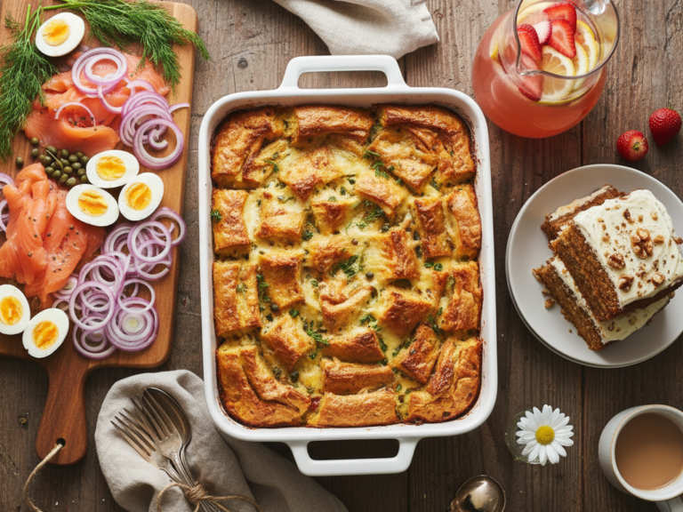 An overhead view of a beautiful brunch spread for a crowd, featuring a baked egg strata, a salmon platter, strawberry lemonade, and carrot cake on a wooden table.