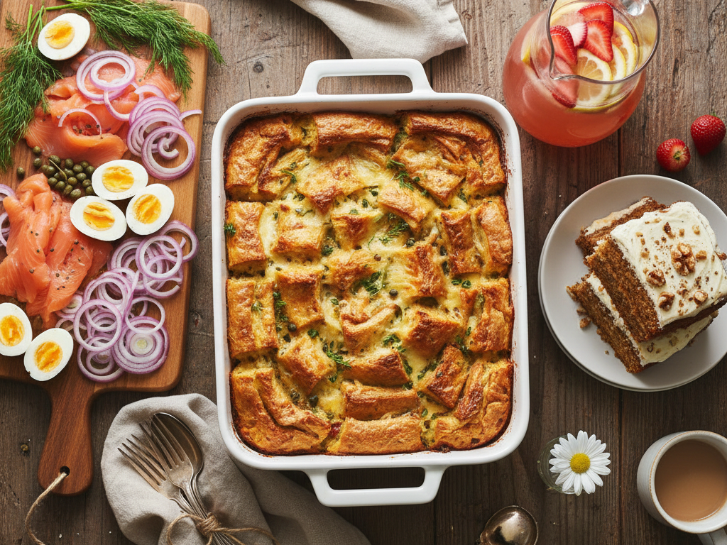 An overhead view of a beautiful brunch spread for a crowd, featuring a baked egg strata, a salmon platter, strawberry lemonade, and carrot cake on a wooden table.
