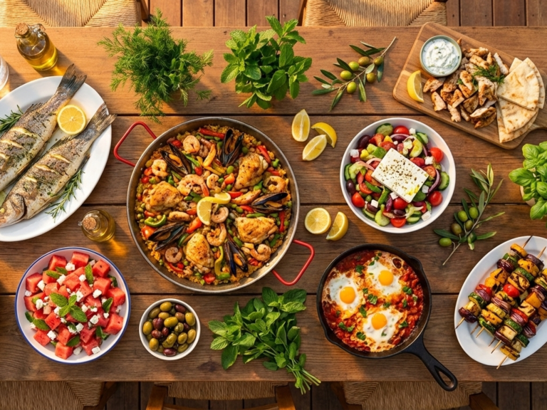 Overhead view of a festive Mediterranean feast table featuring paella, roasted branzino, chicken gyros, Greek salad, shakshuka, falafel, hummus, and watermelon salad, surrounded by fresh herbs and lemons.