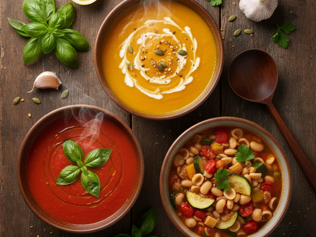 Overhead view of three rustic bowls of vegetarian soup: tomato basil, butternut squash with tahini, and minestrone, with fresh herbs and ingredients on a wooden table.