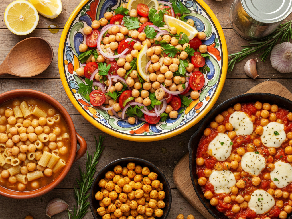 Overhead view of a Mediterranean meal featuring a chickpea salad, a bowl of Pasta e Ceci soup, a skillet of chickpeas in tomato sauce, and crispy roasted chickpeas on a rustic table.