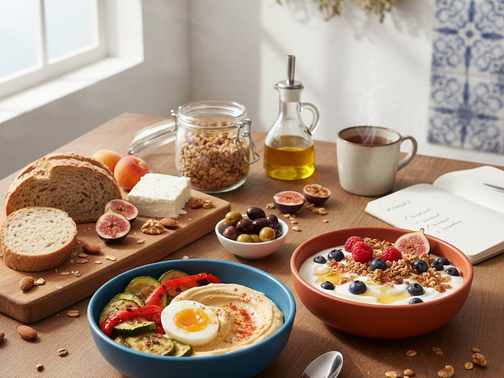 Overhead view of a Mediterranean diet breakfast spread featuring savory breakfast bowls with eggs and hummus, Greek yogurt with granola and berries, whole grain bread, feta cheese, olives, and fresh fruit arranged on a rustic wooden table in morning sunlight