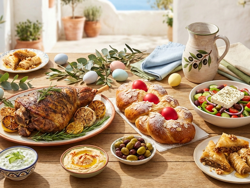 verhead view of a complete Mediterranean Easter dinner spread featuring roast leg of lamb, Greek Easter bread with red eggs, spanakopita, Greek salad, baklava, and assorted dips on a rustic wooden table with spring decorations