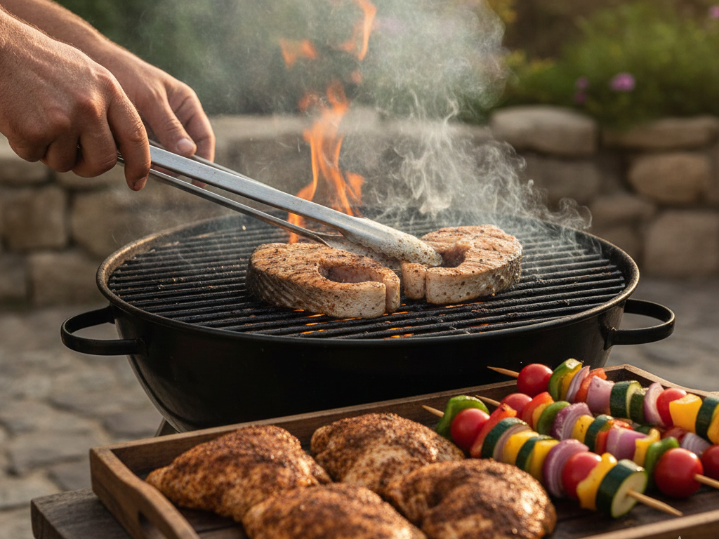 A cook grilling Mediterranean swordfish steaks and chicken thighs on an outdoor barbecue, with smoke and visible grill marks.