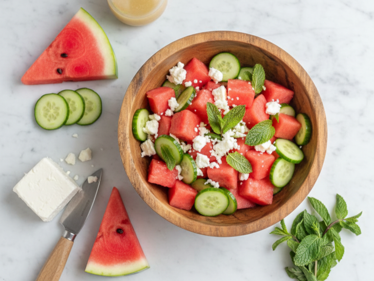 A vibrant summer watermelon salad with feta cheese, cucumber, and mint in a wooden bowl, a refreshing recipe for hot days.