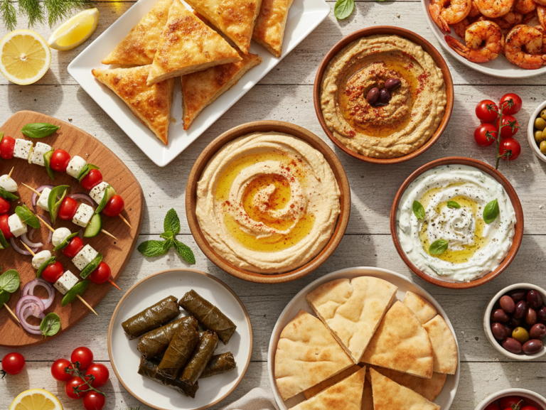 Overhead view of a lavish Mediterranean mezze platter featuring hummus, baba ganoush, spanakopita, salad skewers, grilled shrimp, dolmas, tzatziki, and pita bread, surrounded by fresh lemons and herbs.