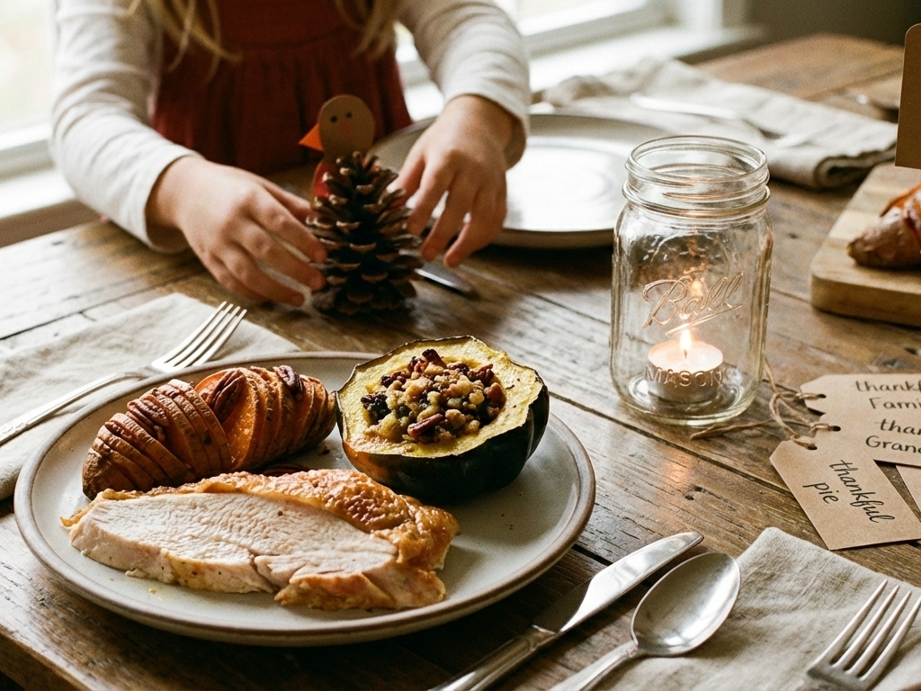 A family Thanksgiving table setting with roasted turkey and side dishes, alongside handmade crafts like a pinecone turkey and paper gratitude tags, in warm autumn light.