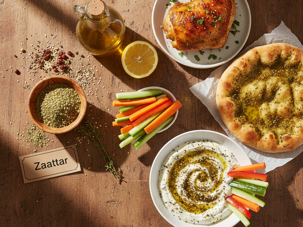 A styled flat lay showing za'atar spice in a bowl alongside finished dishes: roasted chicken, za'atar flatbread, and labneh dip on a wooden table.