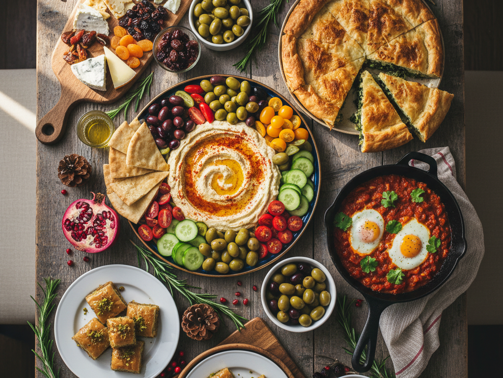 Overhead view of a complete Mediterranean Christmas brunch with spanakopita, shakshuka, mezze platter, and baklava on a rustic wooden table with festive decorations
