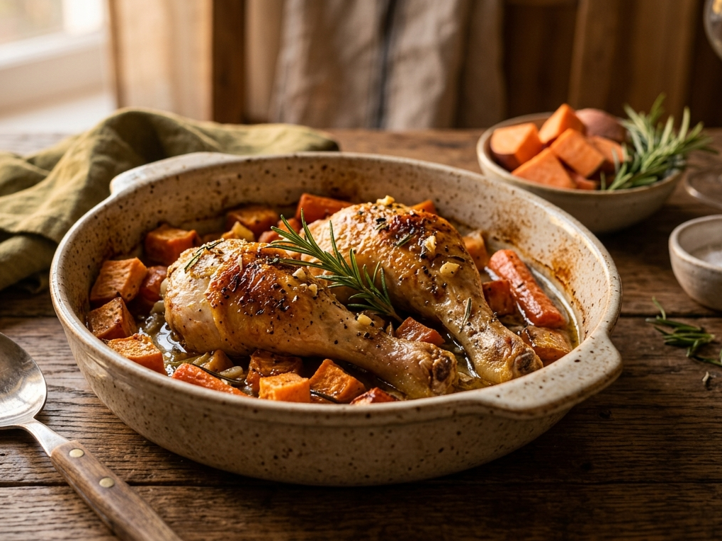 Buttered Rosemary Chicken Drumsticks and Baked Sweet Potatoes