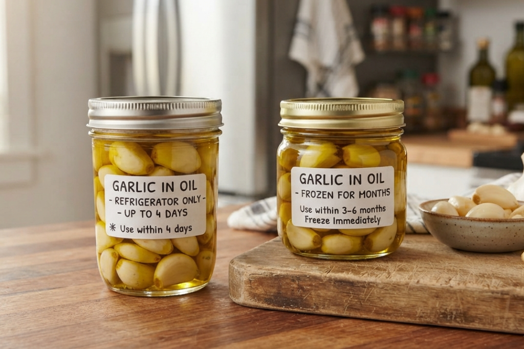 Store Peeled Garlic In Oil (Refrigerator Only, Up to 4 Days, or Frozen for Months)