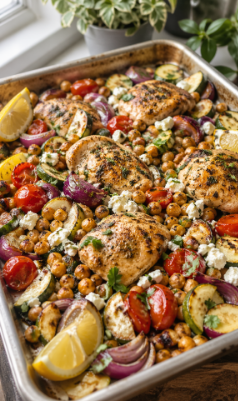 3. Greek Chicken Chickpea Sheet Pan Dinner