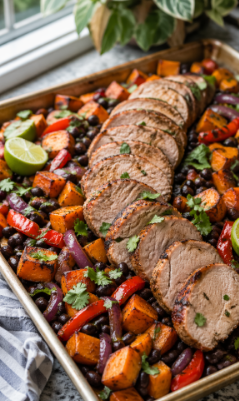 6. Pork Tenderloin Sweet Potato and Black Bean Sheet Pan Dinner