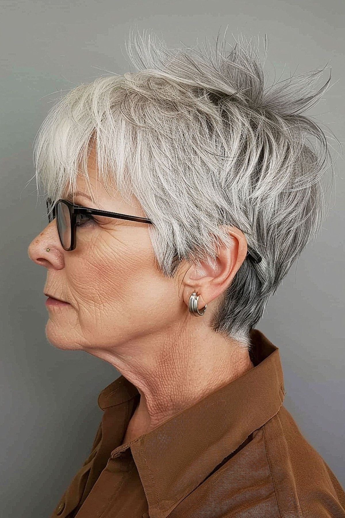 Silver Pixie with Glasses - timeless hairstyle for women over 60
