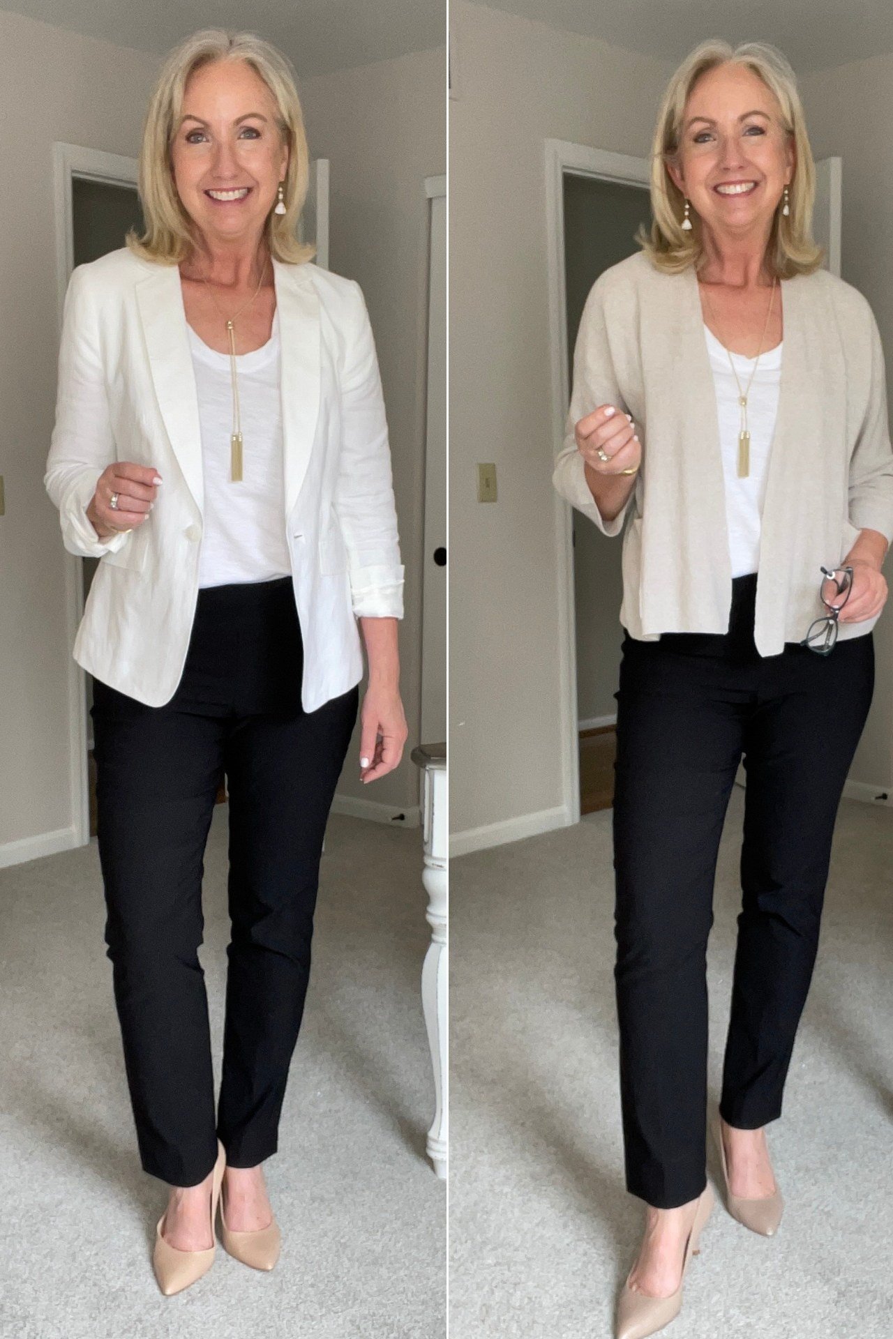 Cream blazer and white blazer with black trousers, blonde woman indoor, two looks - business casual work outfit for women over 50