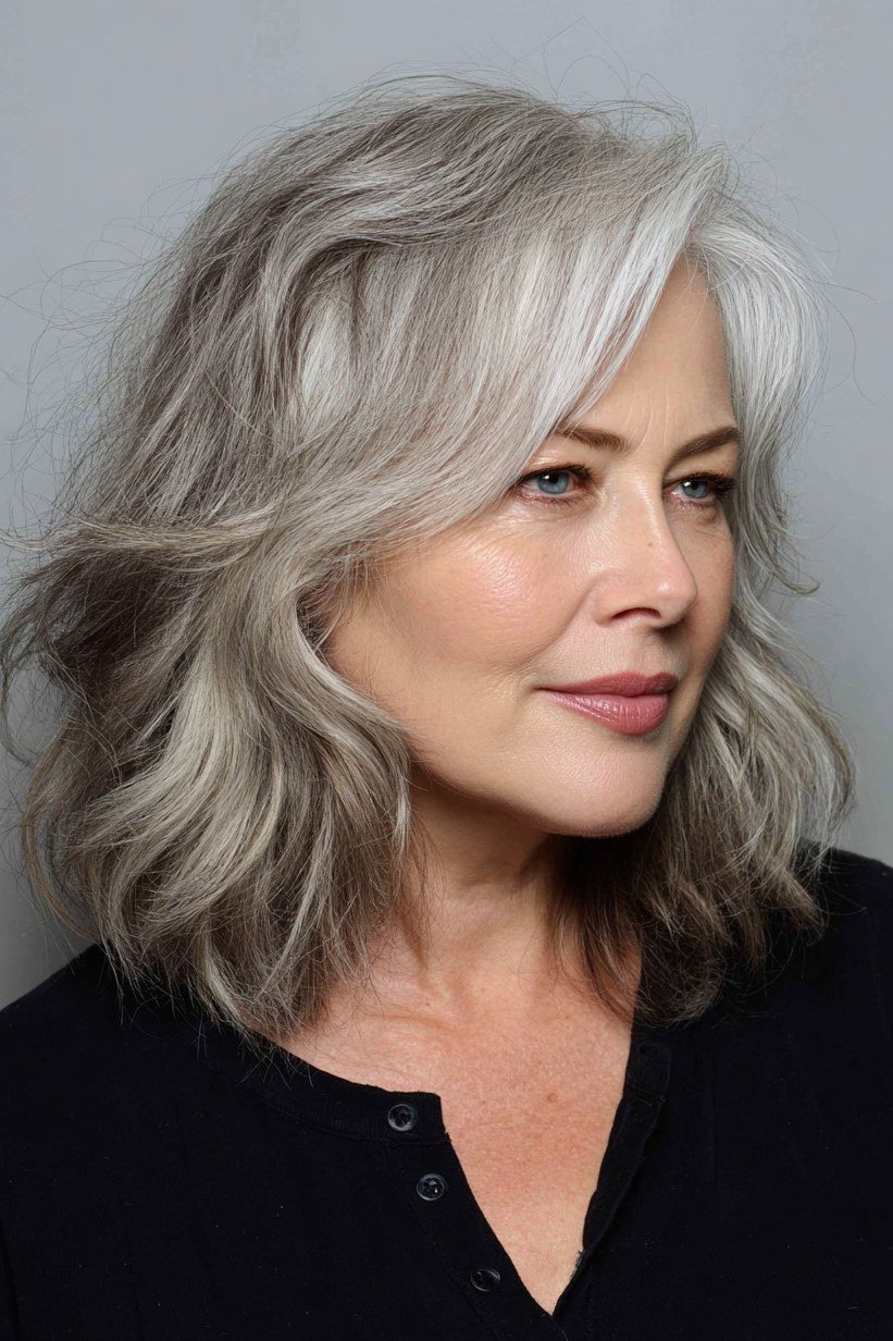 Polished silver layered lob with face-framing waves for women over 40