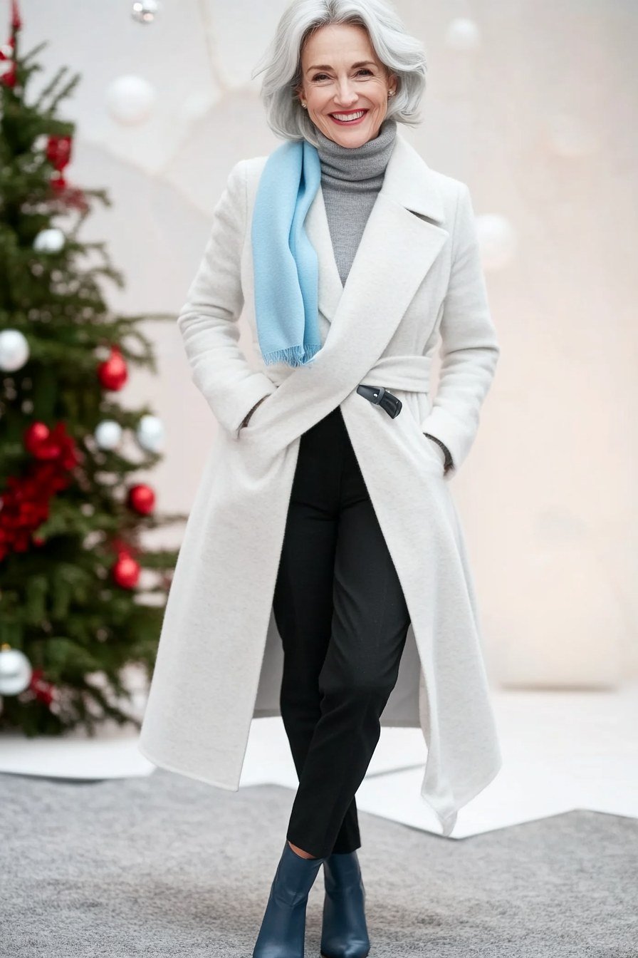 Stylish winter outfit for women over 60: white belted wool coat with light blue scarf and navy boots by a Christmas tree
