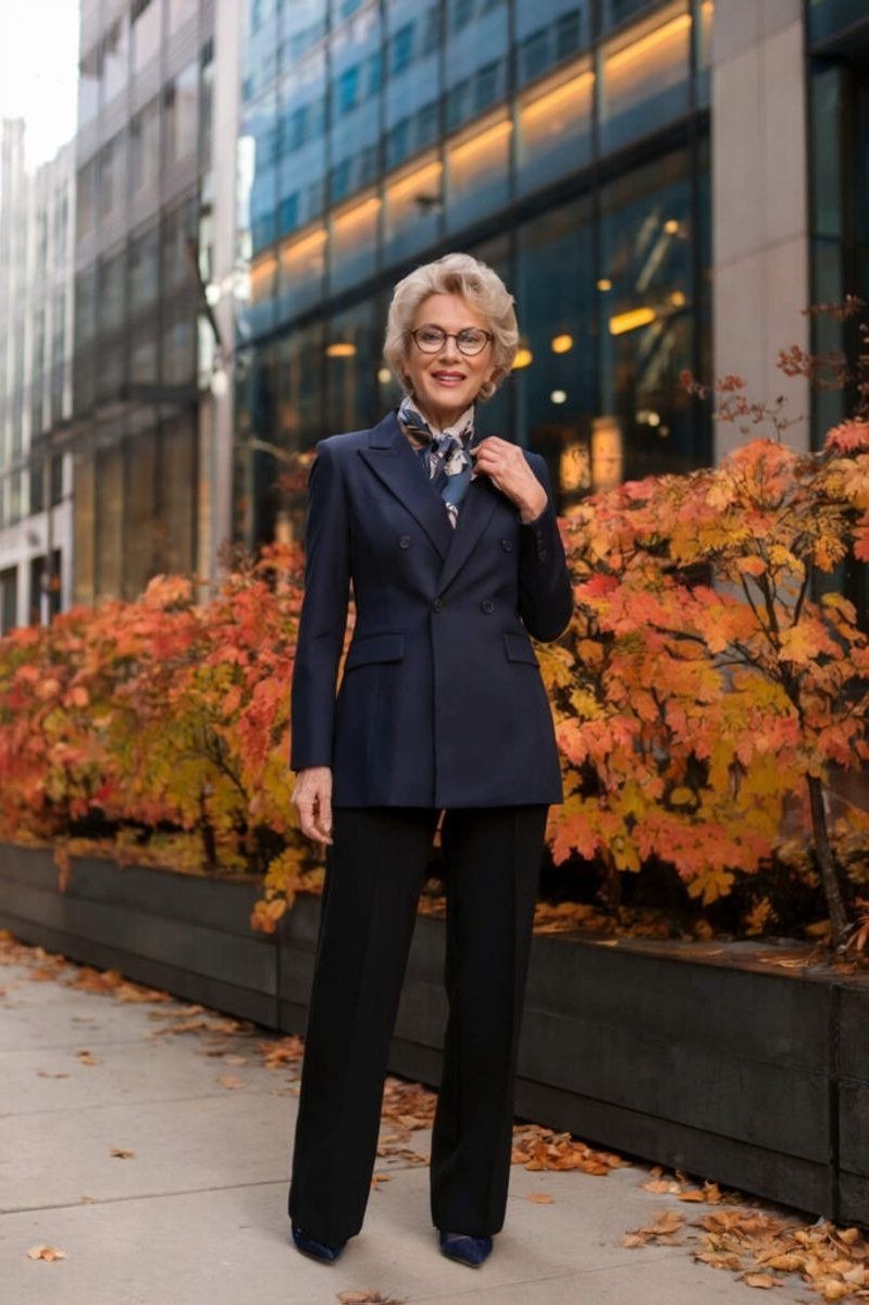 Navy power suit with silk scarf for women over 70