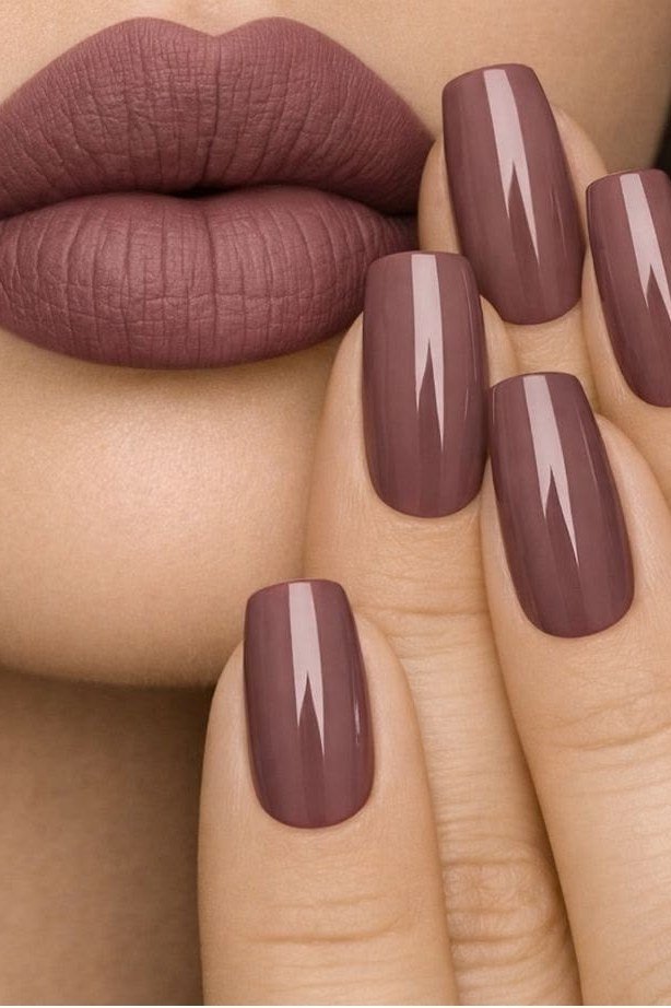 Glossy Deep Mauve Coffin Nails, elegant mauve nail idea for women over 60