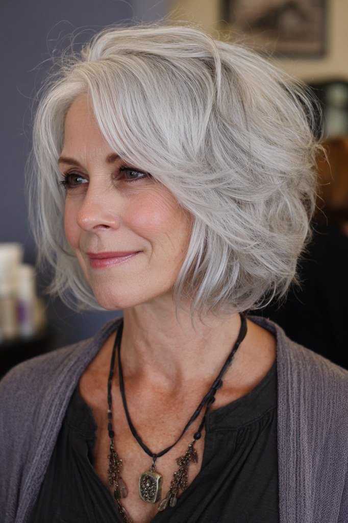 Silver shag bob with face framing layers on woman over 60, three quarter view