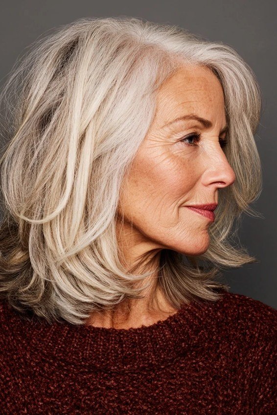 Silver wavy bob, three-quarter side view, woman in her 60s