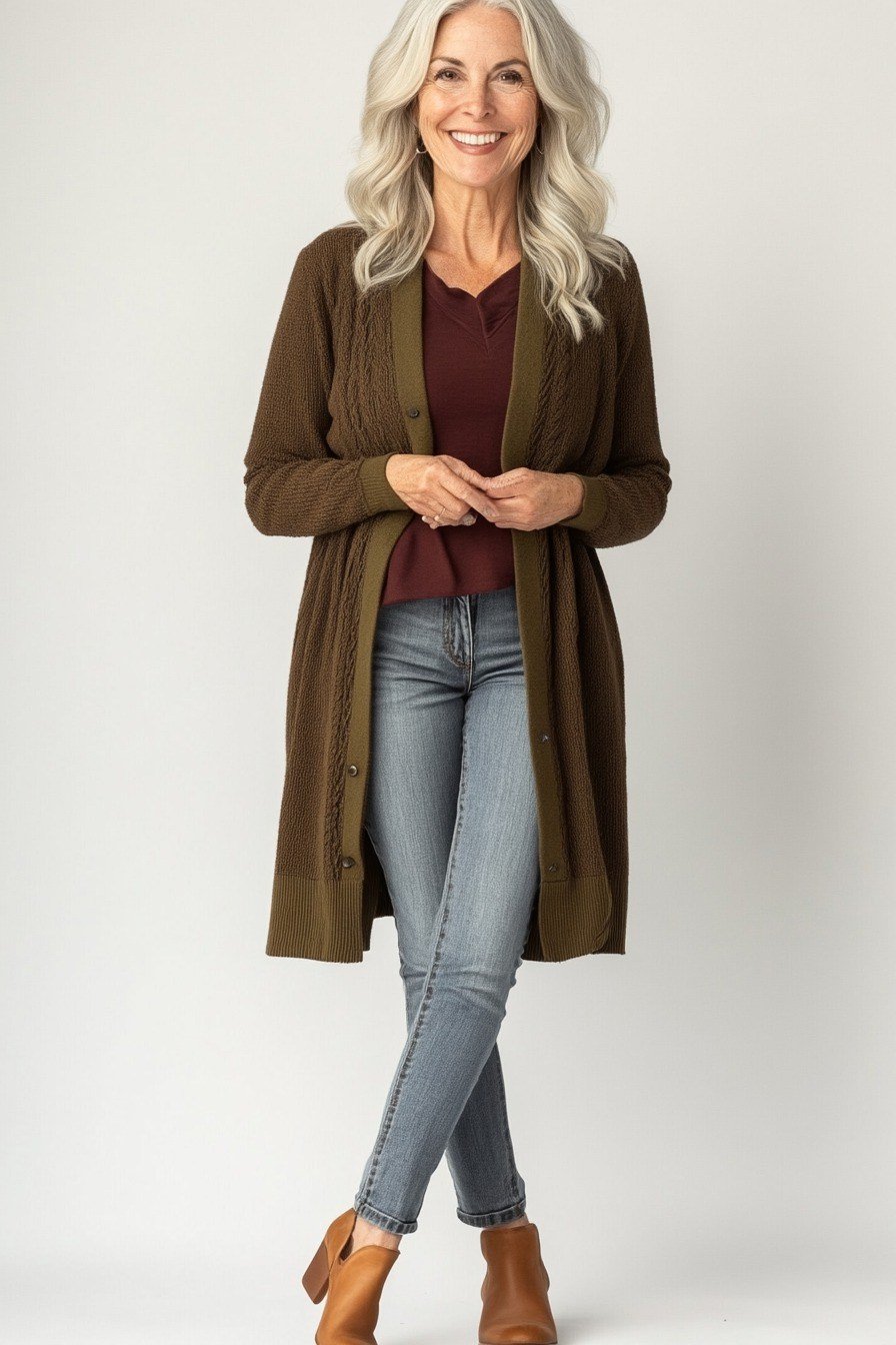 Olive Long Cardigan Over Burgundy Top and Jeans - flattering outfit idea for women over 50, how to dress better over 50