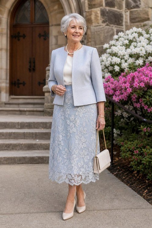 pale blue lace skirt suit church outfit for women over 60