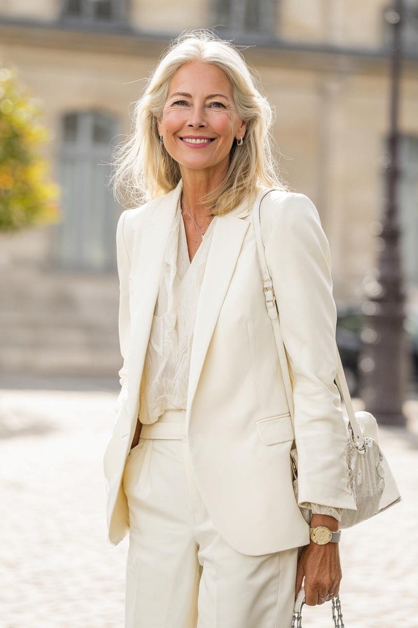 Older woman in cream white blazer suit smiling