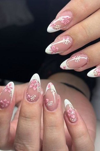 Soft Pink French with Floral Tips - elegant nail art idea for mature hands, women over 50