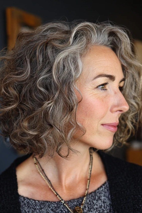 Salt and pepper curly bixie haircut front-side view for women over 60