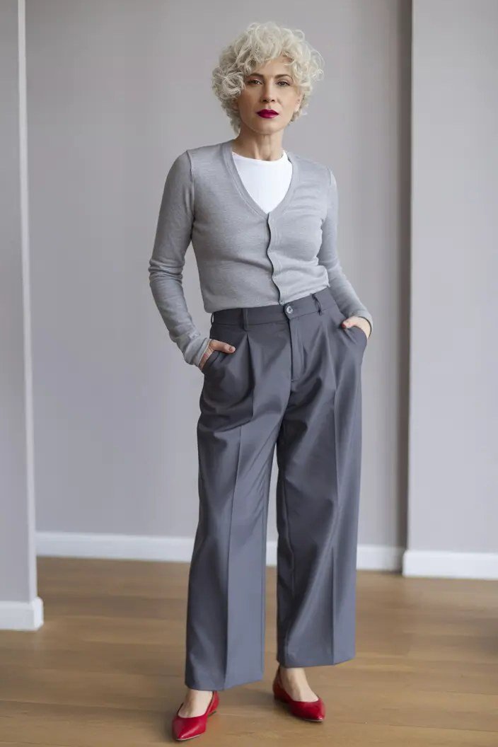 Gray Cardigan with Wide-Leg Trousers, classic casual outfit for women over 70