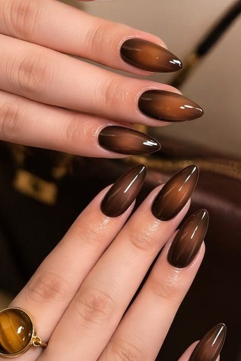 Glossy Deep Brown Almond Nails - brown nail idea for women over 50