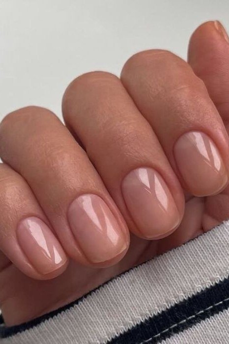 Warm Beige Nude with a Striped Cuff - short nude nail idea for women over 50