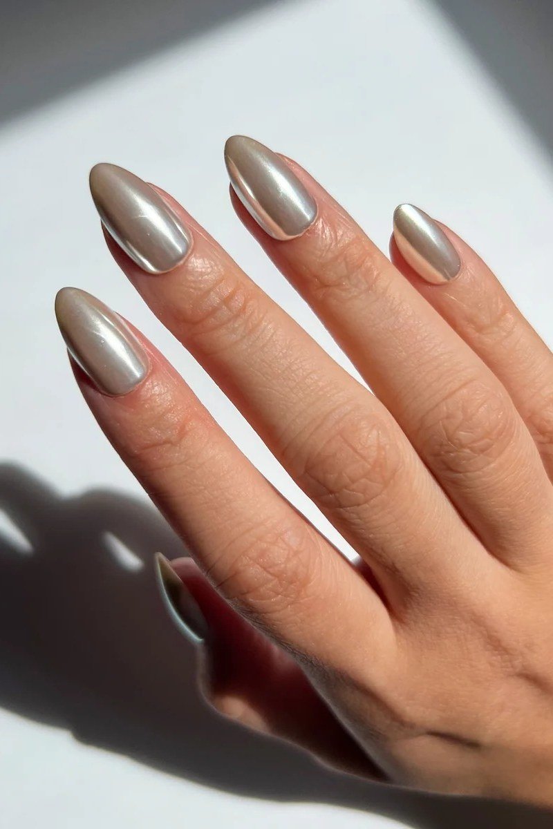 Champagne Glow Chrome on Short Almond Nails - chrome nail designs for women over 60