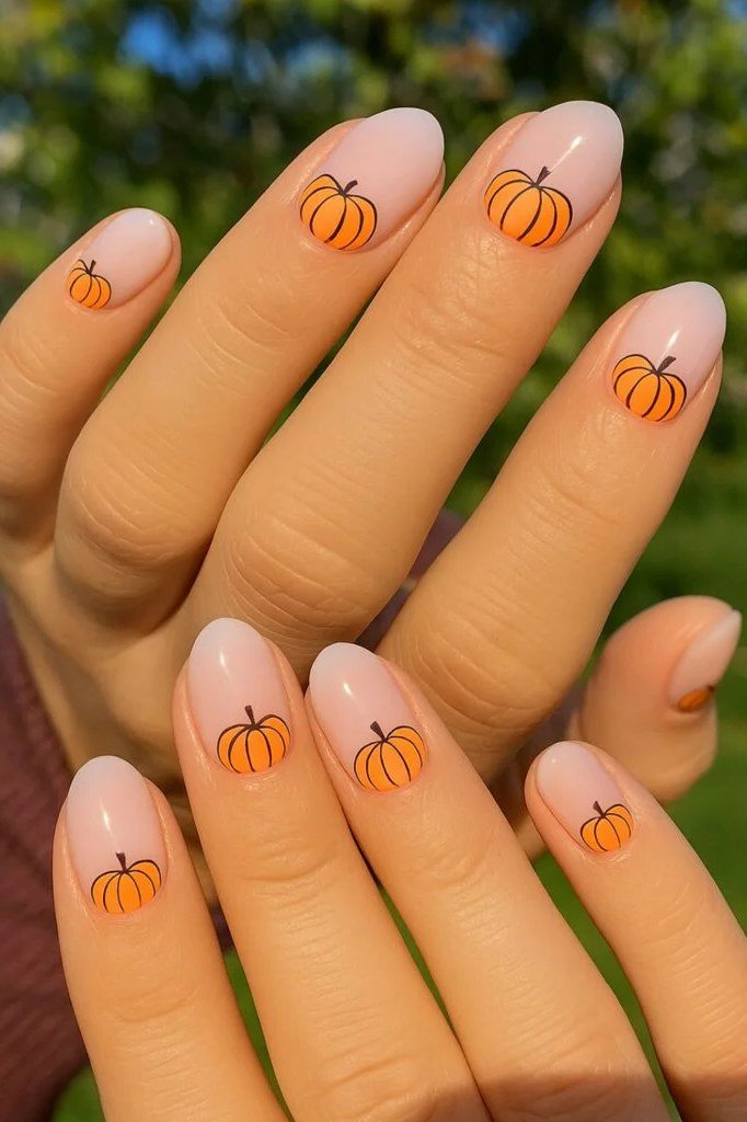 1. Tiny Pumpkin Accent Nails - Thanksgiving nail art idea for women over 50