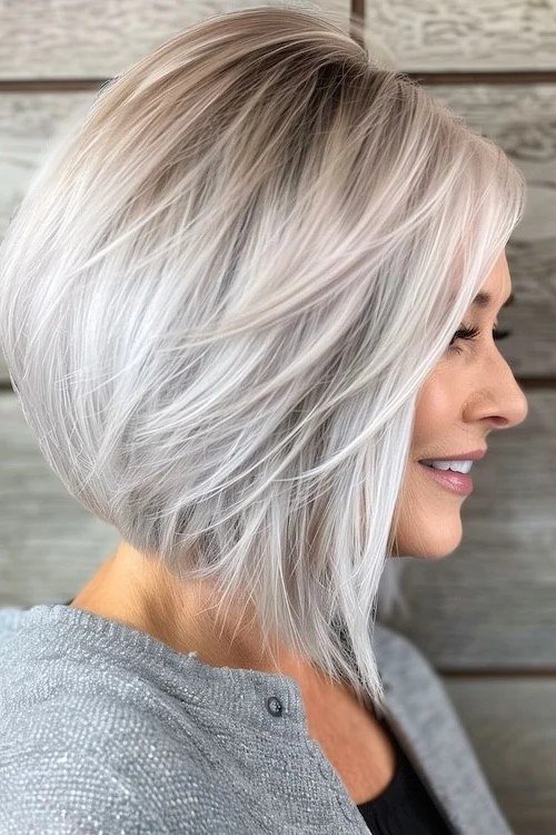Silver-Grey Layered Bob with a Side Sweep, medium hairstyle for women over 70