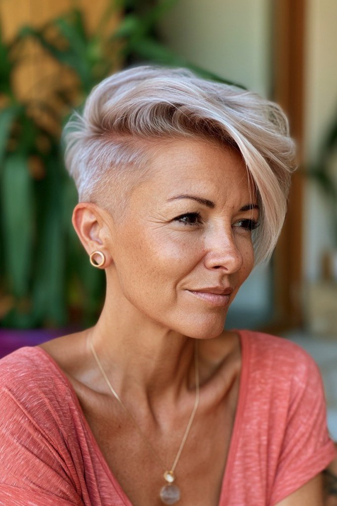 Silver Side-Swept Tapered Pixie - sassy hairstyle for older women