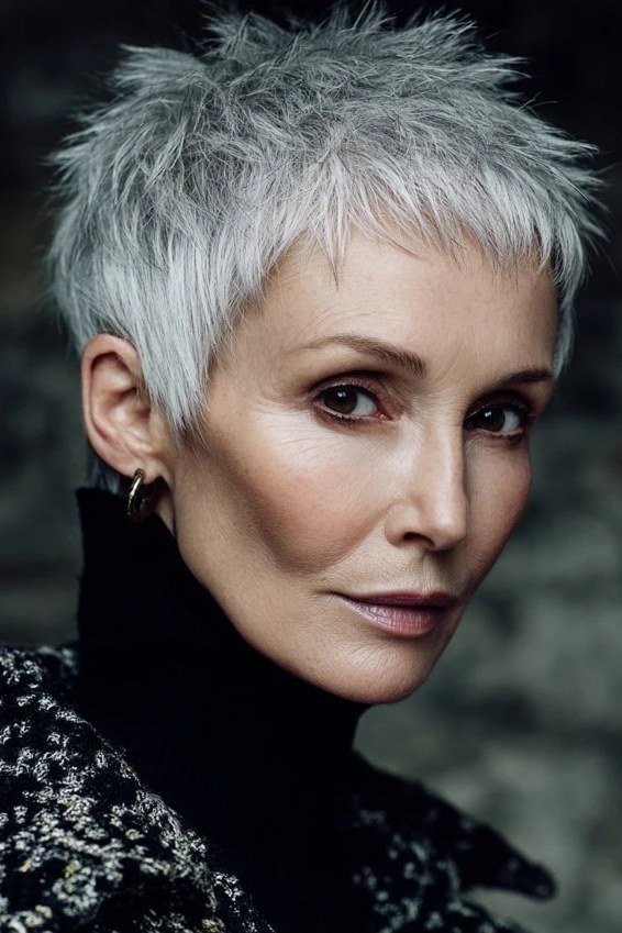Spiky White Pixie with Turtleneck Edge - bold edgy pixie haircut for women over 50