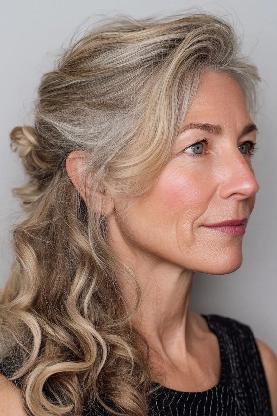 Long silver-gray half-up wavy hair with volume for women over 50